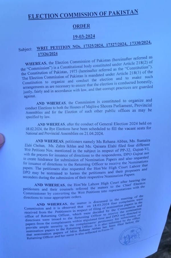 الیکشن کمیشن پی پی32گجرات میں اپنے احکامات پر عملدرآمد کرانے  کا معاملہ